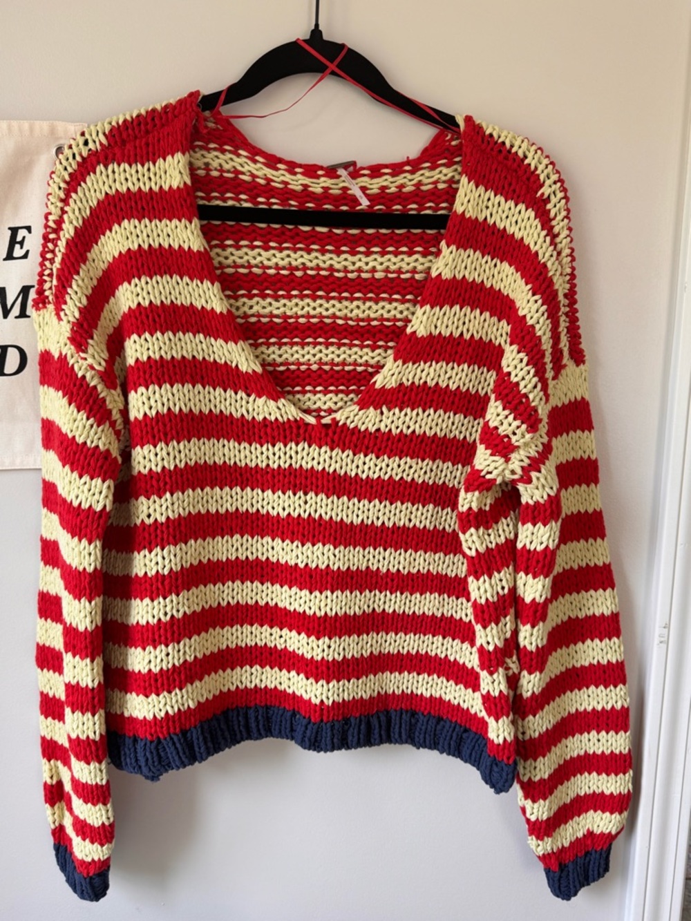 FP Striped Red and Cream V-Neck Knit Sweater